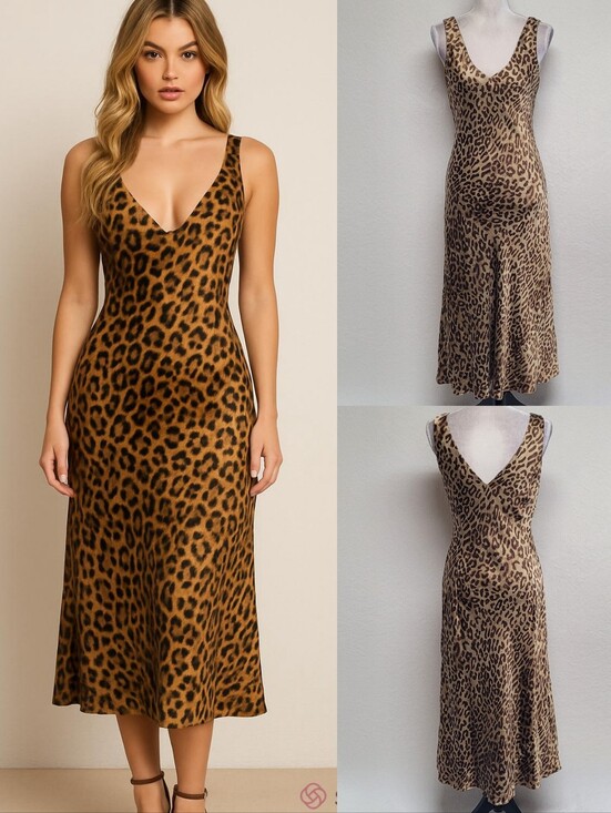 Vintage Dresses & Skirts - 90s Vintage Jones New York Signature Silk Satin Leopard Print V-neck Midi Dress